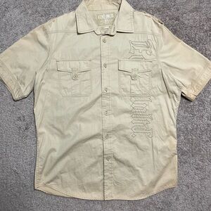 Men’s Echō Untld Actual Factual 1972 button down Y2K size L tan/cream